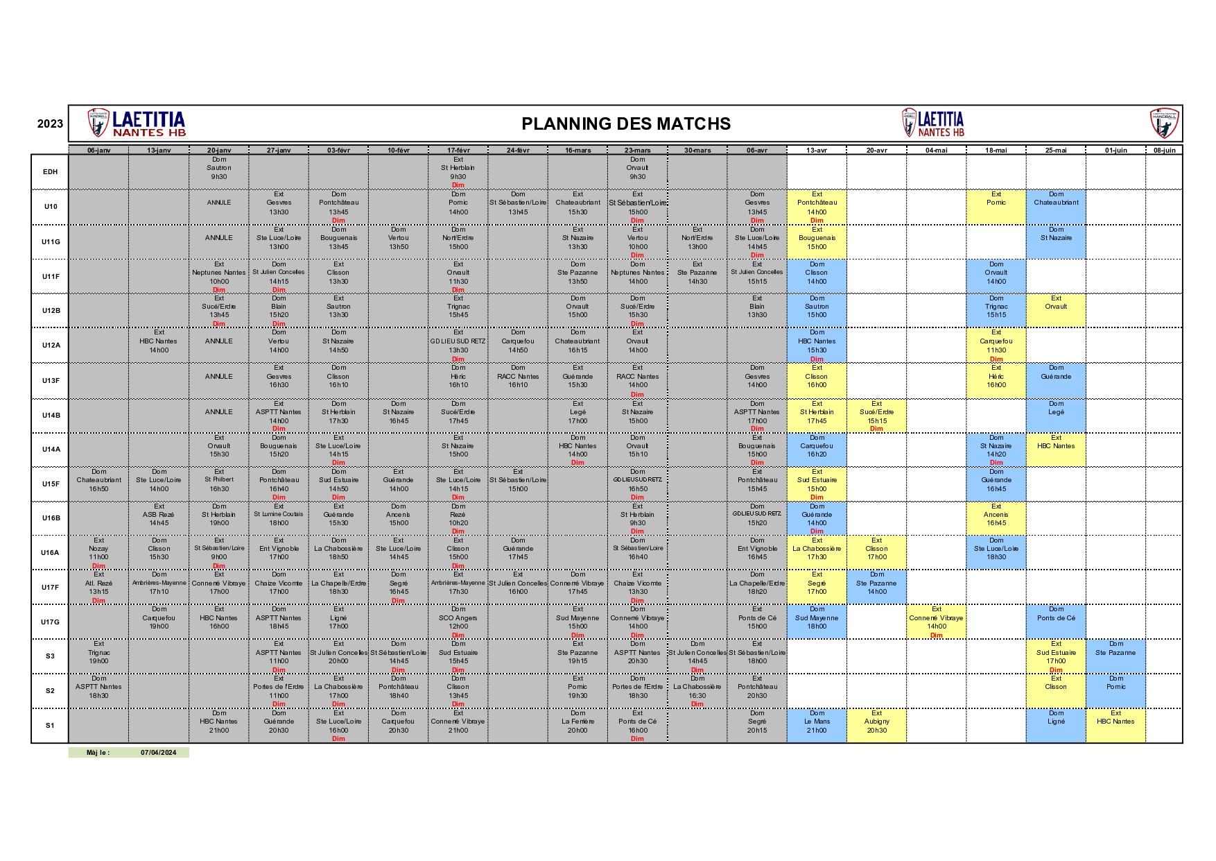 Planning et entrainements